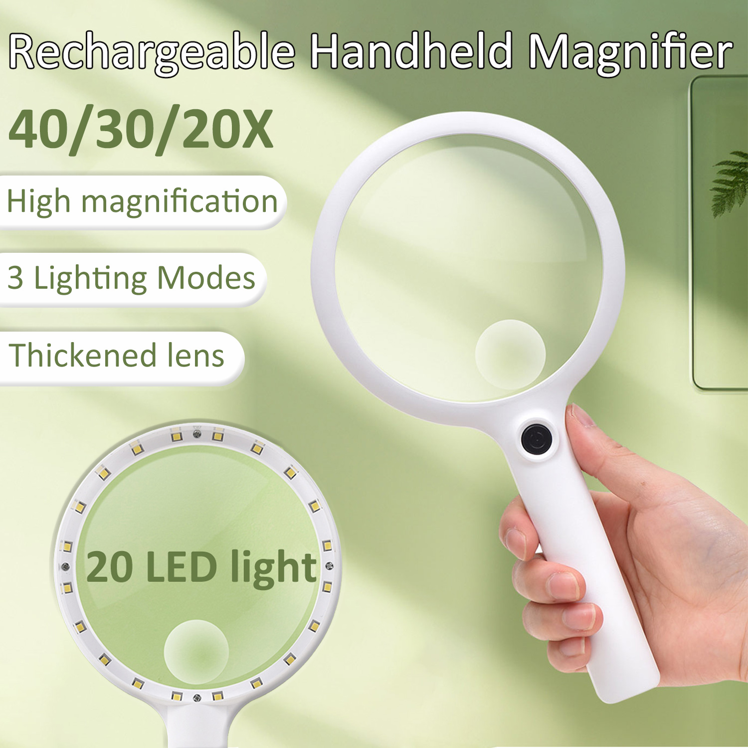40/30/20X oplaadbare handloep Verlicht vergrootglas met 3 LED-verlichtingsmodi Vergrootglas voor reparatielezen