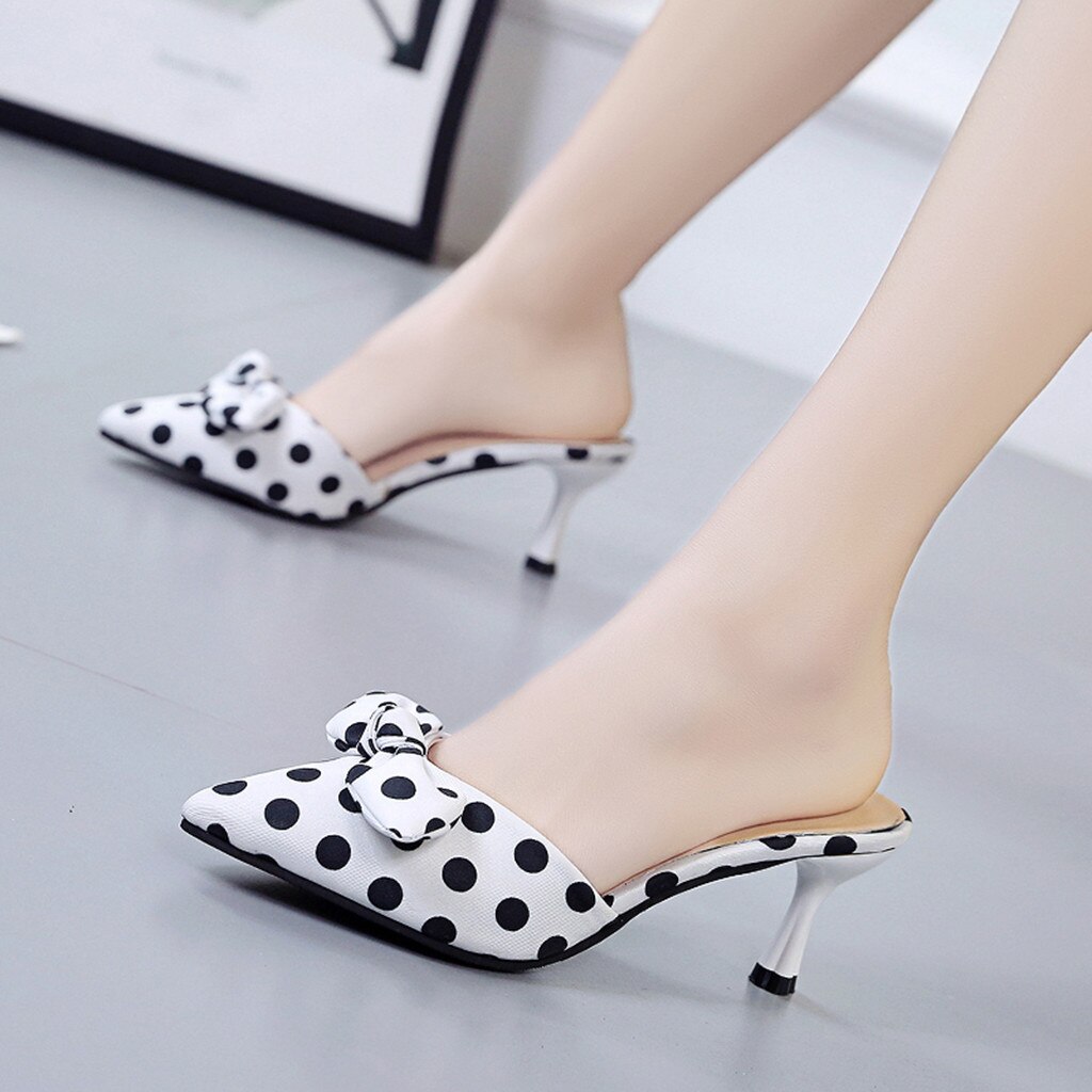 Sandalias de tacón fino de verano con estampado de lunares con nudo de mariposa, zapatos de punta estrecha para mujer