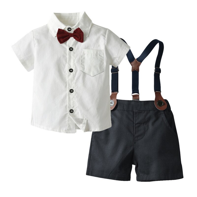 Vestido de graduación para niños, camisa blanca de verano, pantalones cortos con tirantes de manga corta, traje de Boutique de estilo coreano, ropa para niños: 90CM