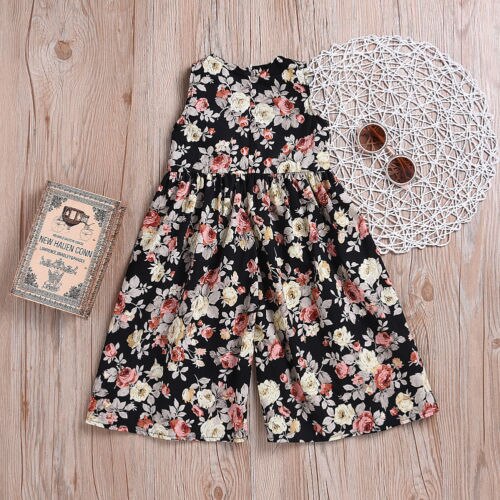 Verano , ropa para niños pequeños, Ropa para Niñas, mono Floral con cuello redondo sin mangas, mono holgado, mono de pierna ancha, atuendo