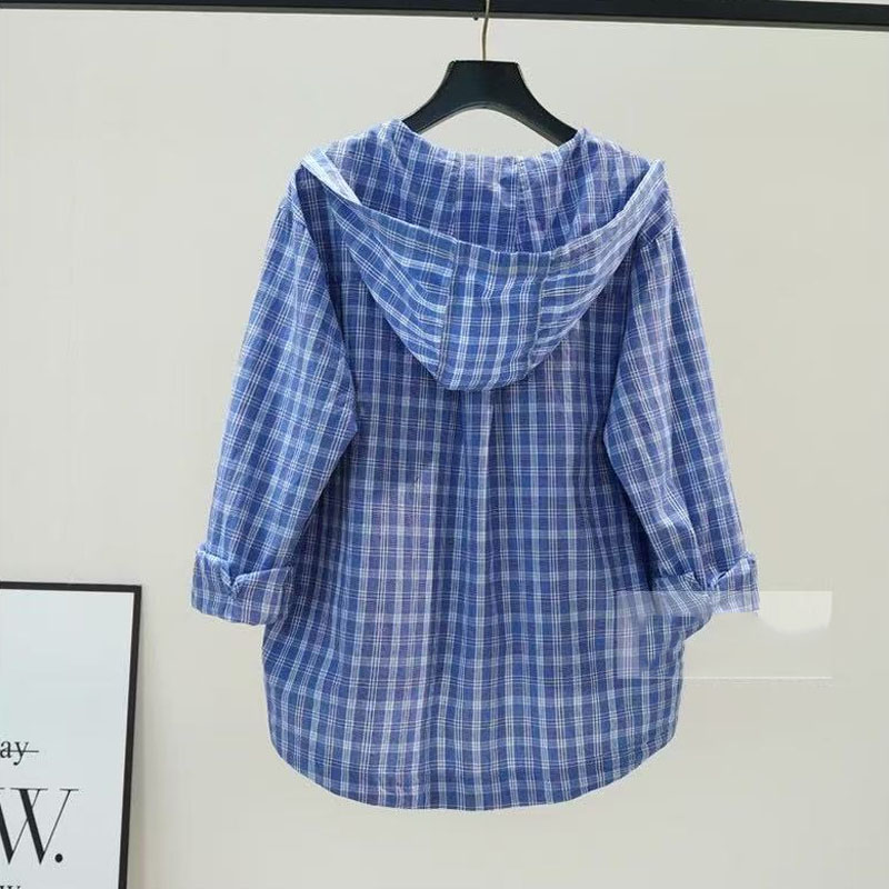 Spring Summer Women's Casual Loose Office Blouse plus Size 4XL Hooded Top Female Workwear Casual Shirt Lady Style KE8053: 4XL / Blue