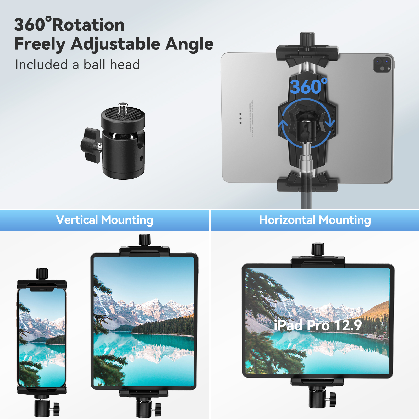 iPad- en telefoonstatiefadapter met kogelkop iPad-houder voor statief 360-draaibare tabletklembevestiging past op iPad Pro 12.9