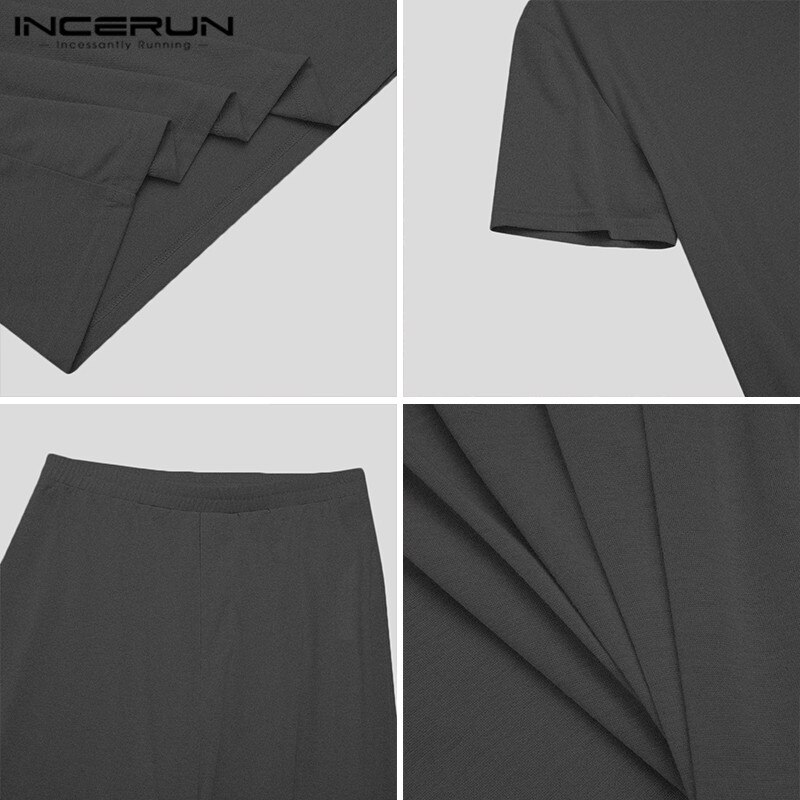 INCERUN Men Solid Pajama Sets Short Sleeve O Neck Tops Elastic Waist Pants 2 Pieces Man Breathable Homewear Loose Suit Plus Size