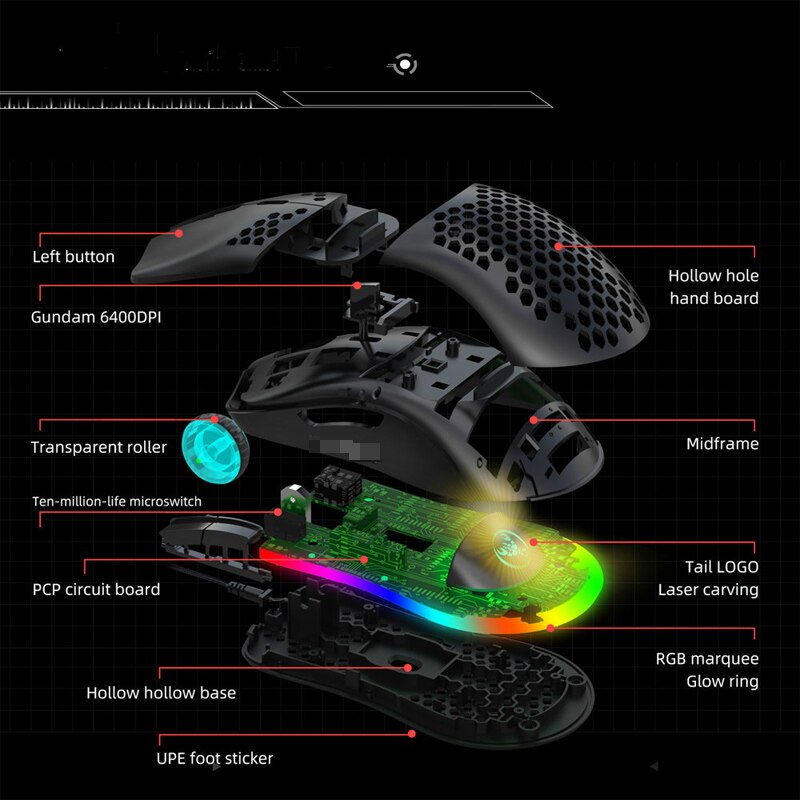 6400 DPI Wired Mouse RGB Backlight USB Gaming Mouse J900 with Six Adjustable Hollow Ergonomic For Desktop Computer Gamer