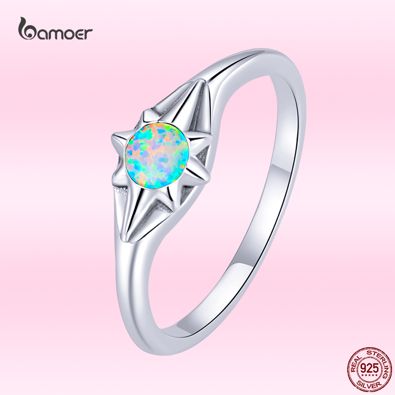 Bamoer Mode Lichtblauw Opaal Ster Ring Voor Vrouwen Echt 925 Sterling Zilveren Bruiloft Ring Anniversary Jewelry