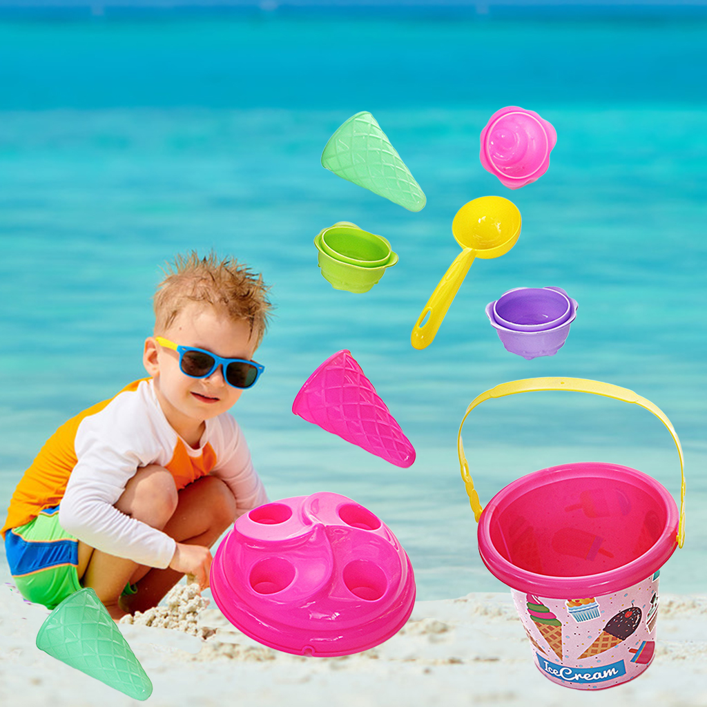 8pcs/set Summer Beach Toys Sand Bucket Ice Cream Moulds Playset Garden: Red