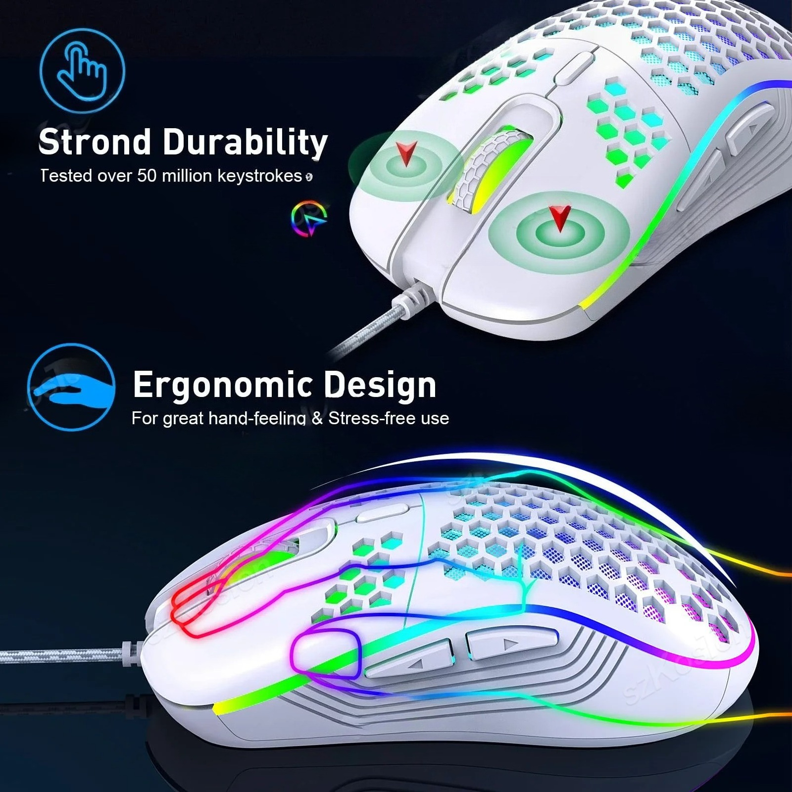Wired/2.4G Wireless Mouse with RGB Backlit 6-button 3-speed DPI Type C Rechargeable Ergonomic Honeycomb Gaming Mouse