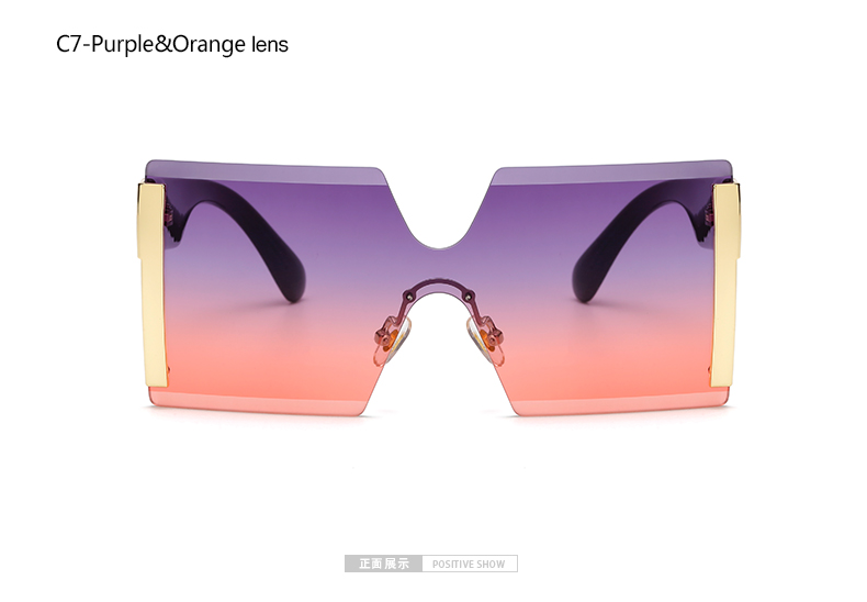 Oversized Square Rimless Sunglasses Women Brand Flat top Big Sun Glasses Female One Piece Travel Gafa de sol 6931: C7 purple orange
