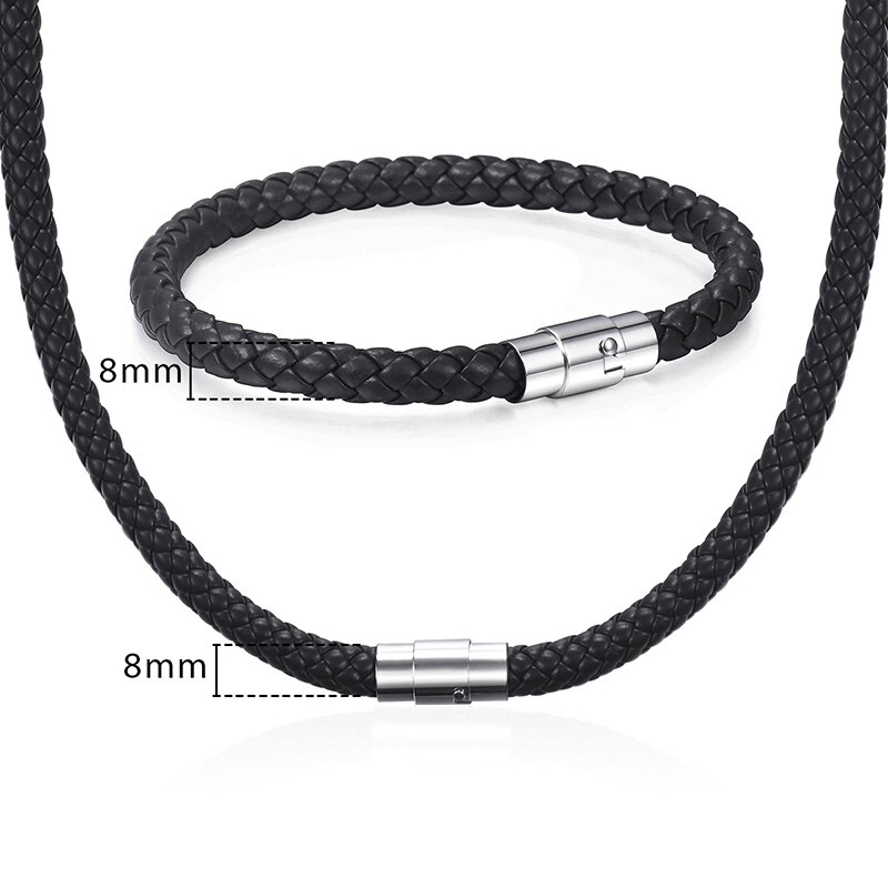 Davieslee Men Women&#39;s Leather Jewelry Set Black Brown Braided Rope Leather Bracelet Necklace Set Jewelry 4 6 8mm DUSM04: 8mm Black / 14inch and 8inch