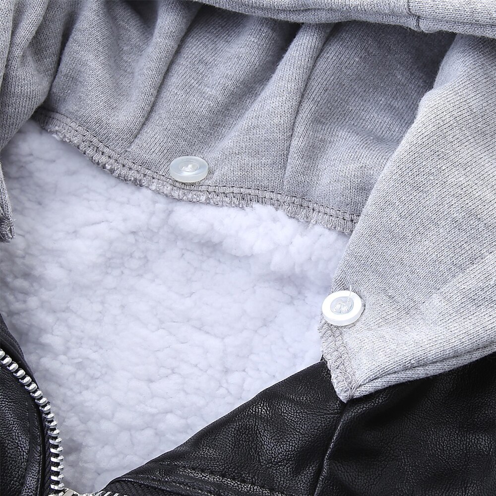 Mudkingdom Jongens Hooded Jassen Pu Lederen Winter Warm Lange Mouwen Fleece Jas Dikker Jongens Patchwork Bovenkleding Voor Peuter Tops