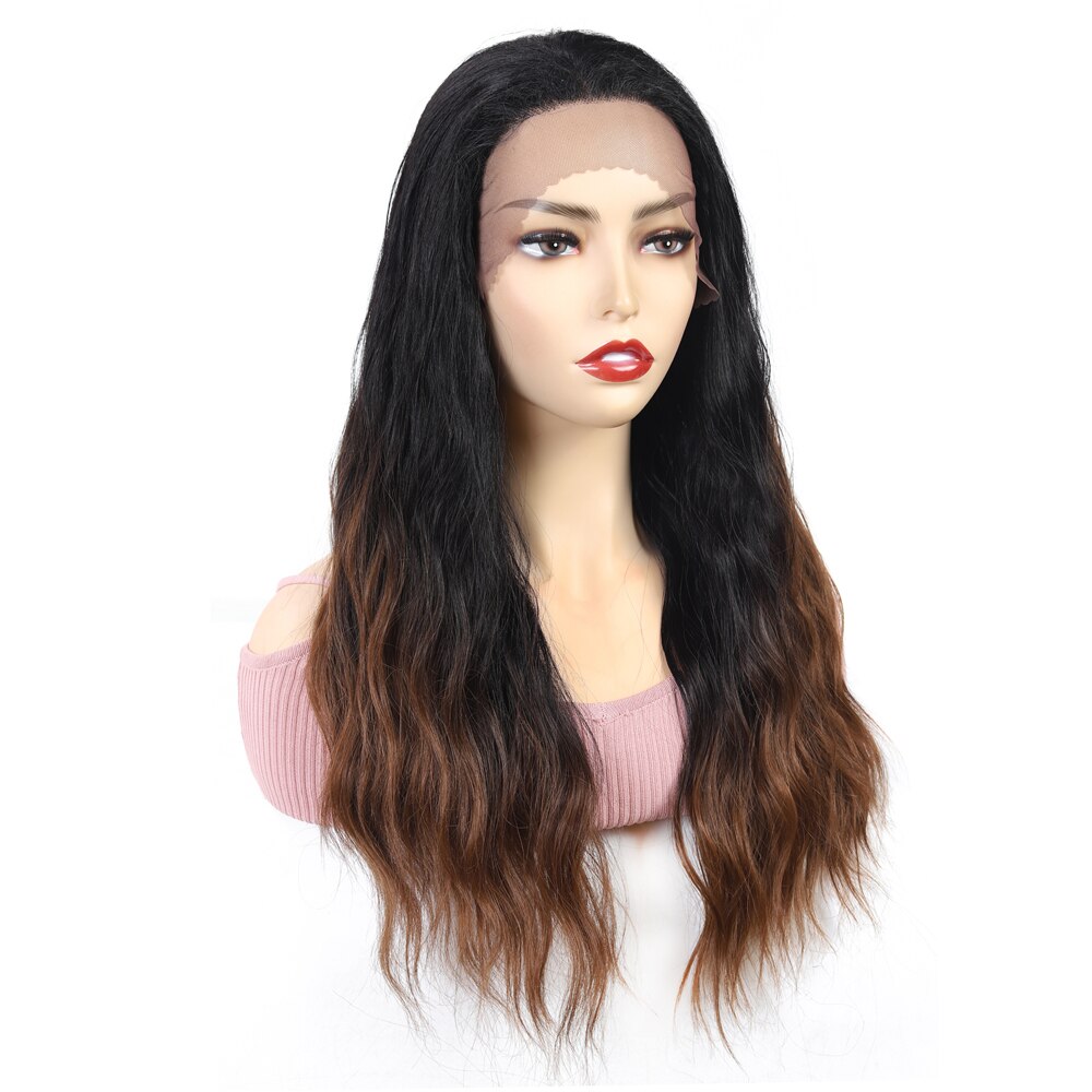 22'' X-TRESS Natural Wave Glueless Lace Front Wigs Dark Roots Ombre Brown Heat Resistant Synthetic Wig For Black Women Daily Use