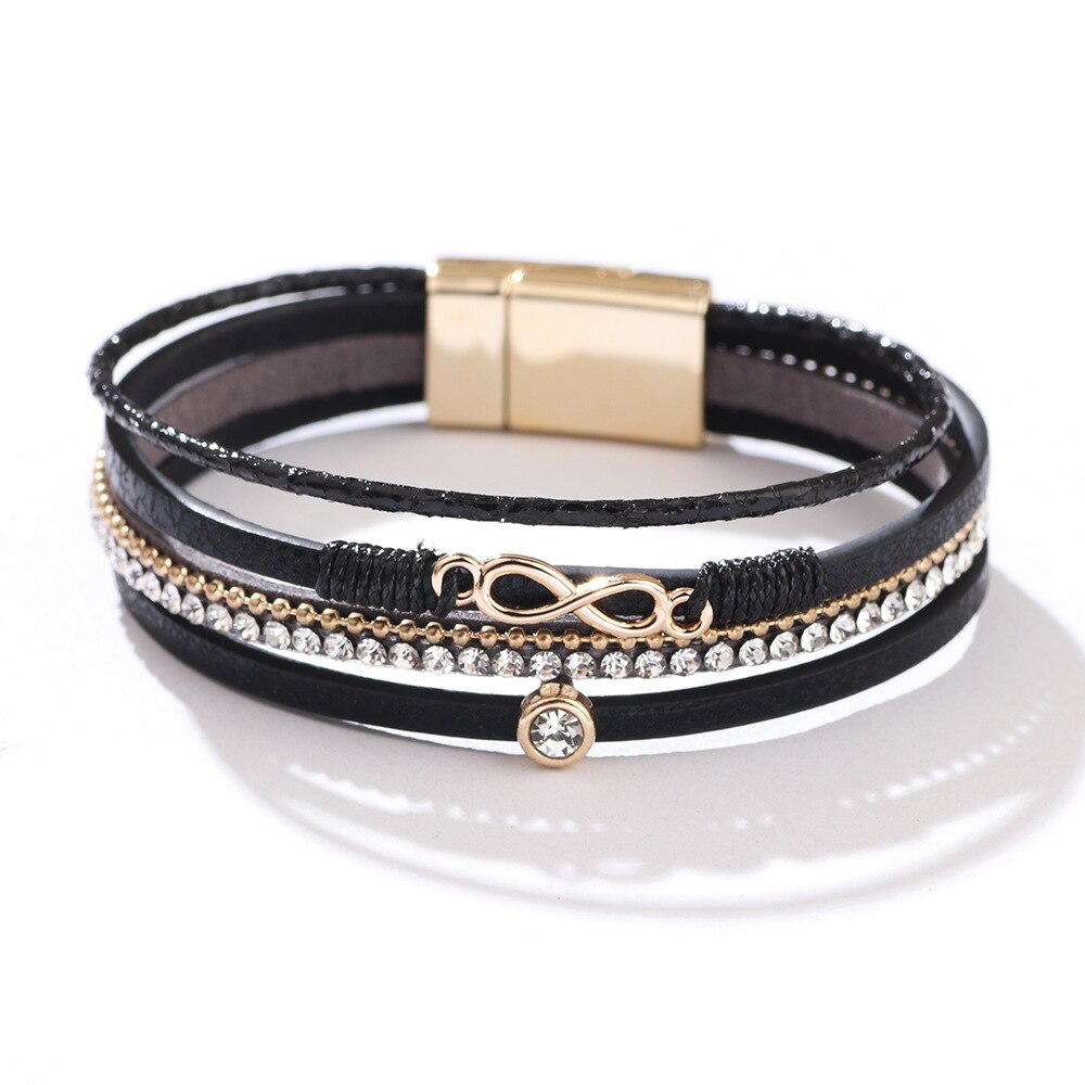 ALLYES Bohemian Infinity Charm bracciali in pelle per donna moda strass bracciale avvolgente bracciale regali gioielli femminili: Black