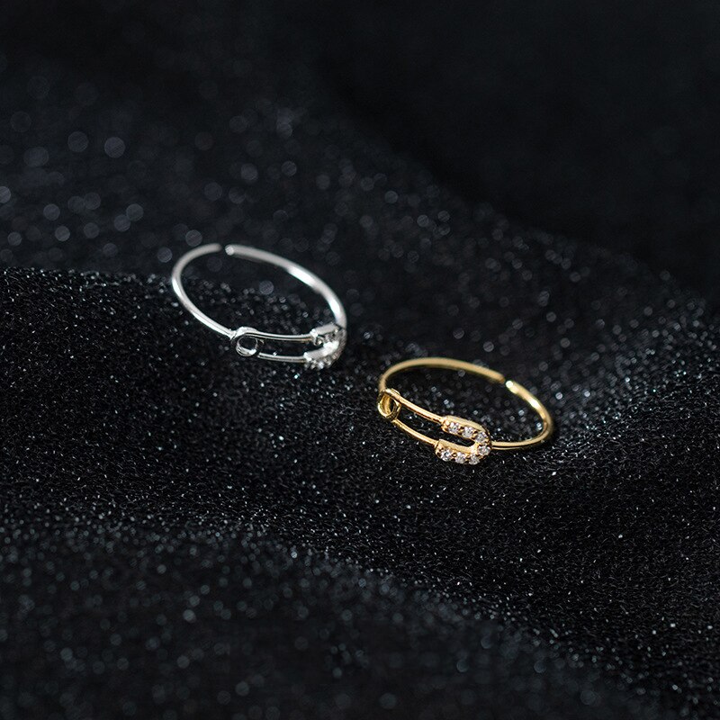 925 Sterling Silver Women's Ring Safety Pin Ring with Stone Adjustable Opening Jewelry Wedding Engagement