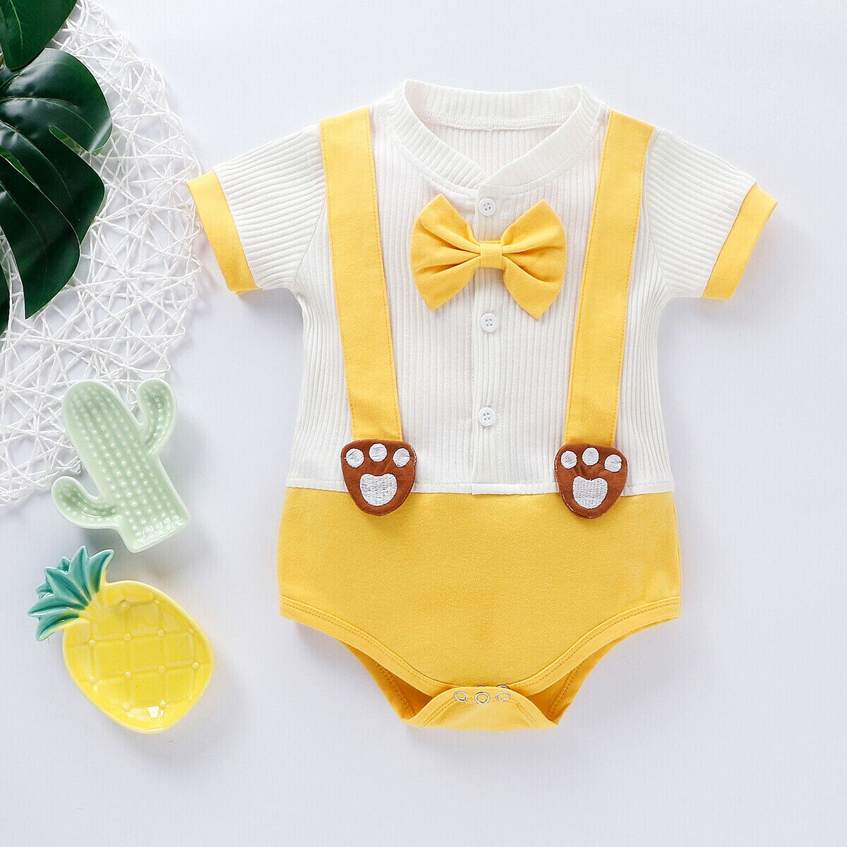 Bebé niño chico bodis para caballero ropa manga corta Bowknot mono W/corbata: YELLOW / 24 meses