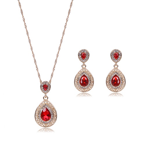 Vrouwen Luxe Strass Oval Charm Ketting + Dangle Oorbellen Sieraden Set: Red