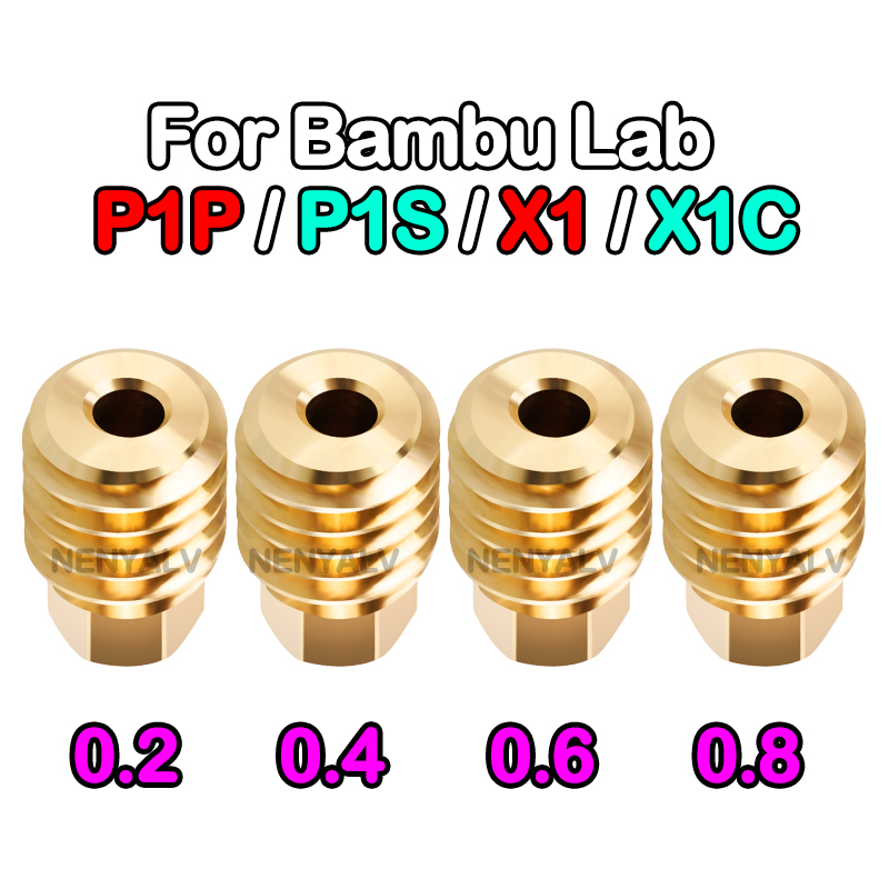 Bambu Lab X1/X1C/P1P/P1S Metal Hotend With Cooling Fan Hardened Brass Copper 0.2/0.4/0.6/0.8mm Nozzle 3D Printer: Silver