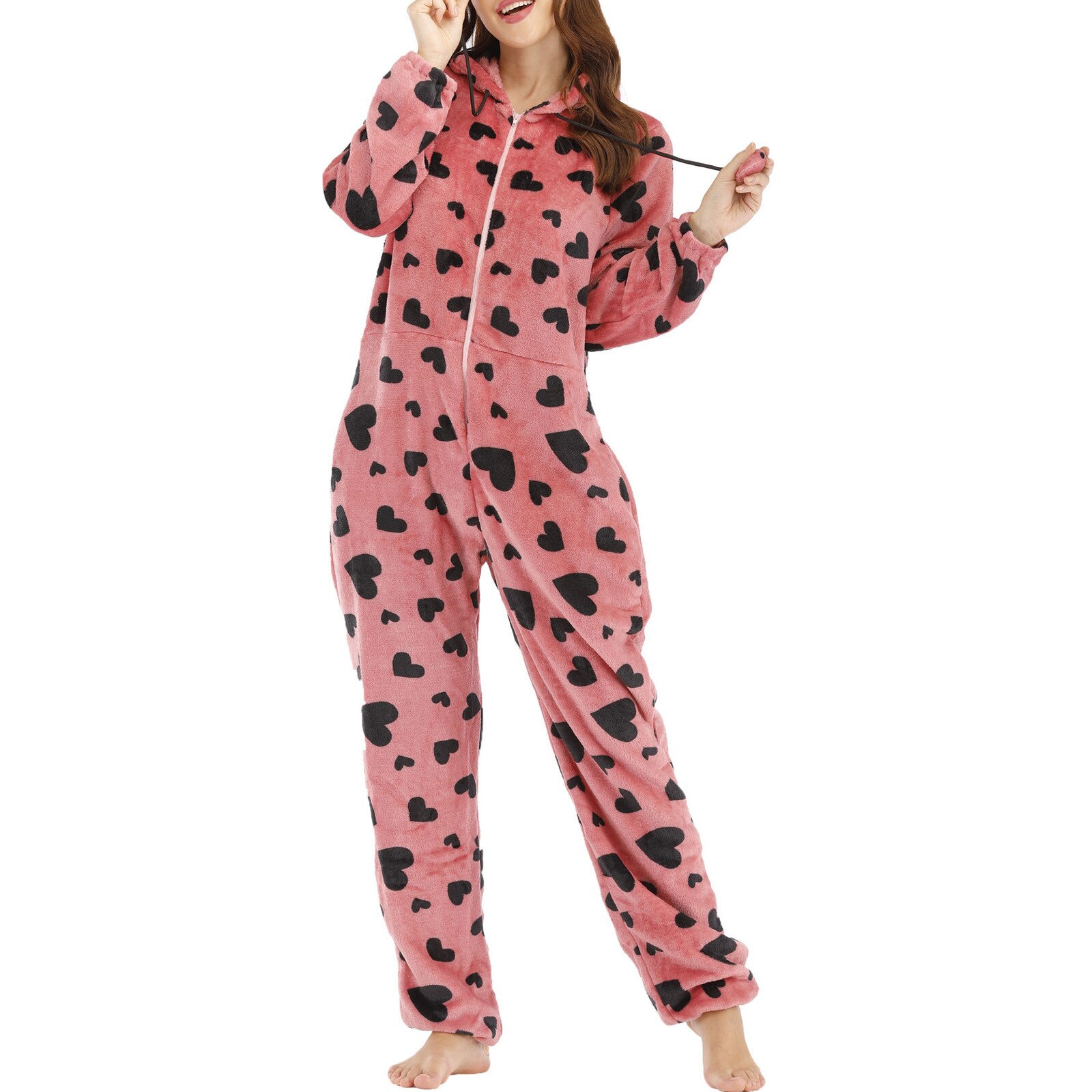 Pyjamas d'impression de noël femmes mignon body vêtements de nuit automne hiver flanelle polaire combinaison chaude vêtements de maison pour les femmes vêtements de nuit: Pink / M