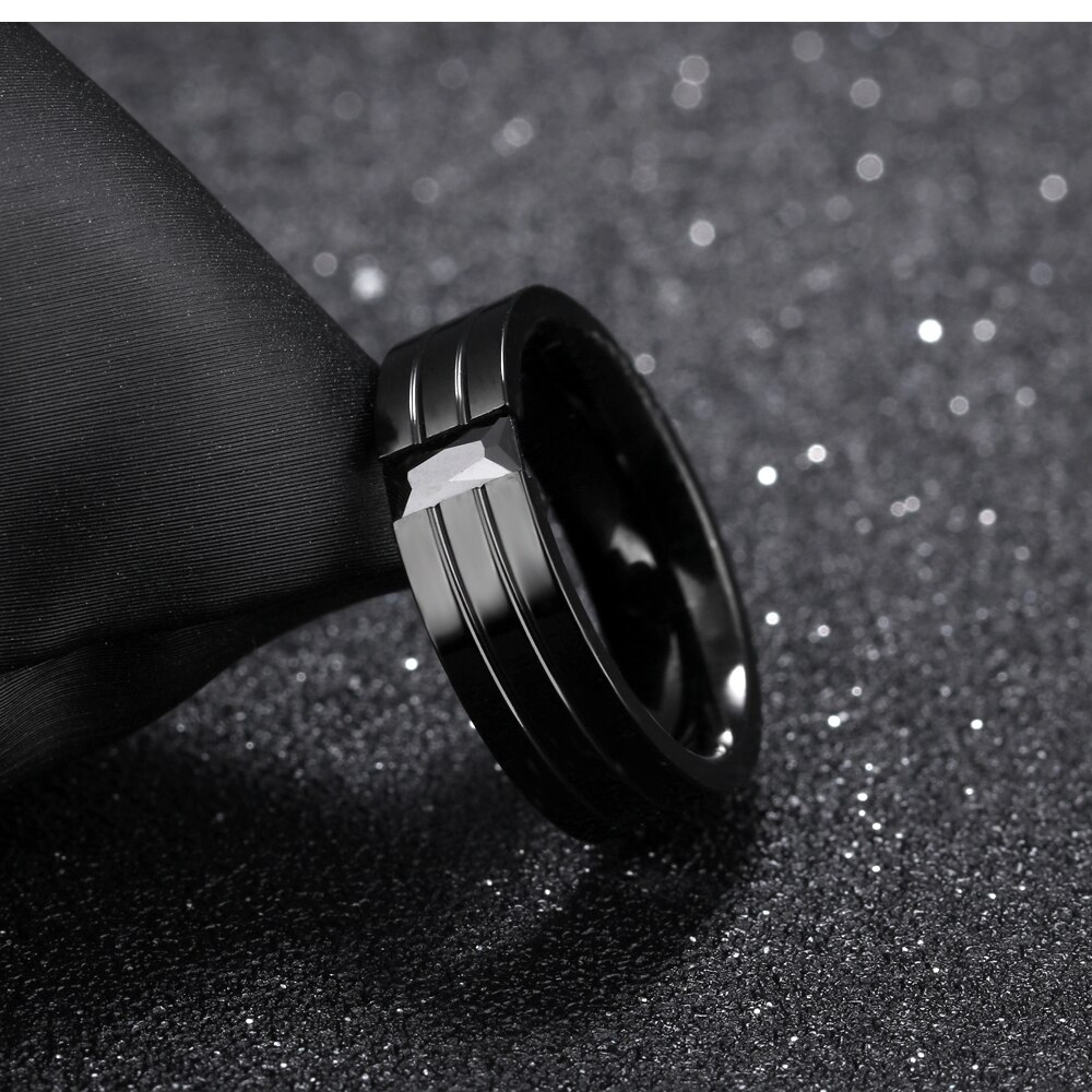 XQNI Full Black Stainless Steel Rings For Men With Zircon & Groove 6MM Width Male Boy Ring Jewelry Birthday Party