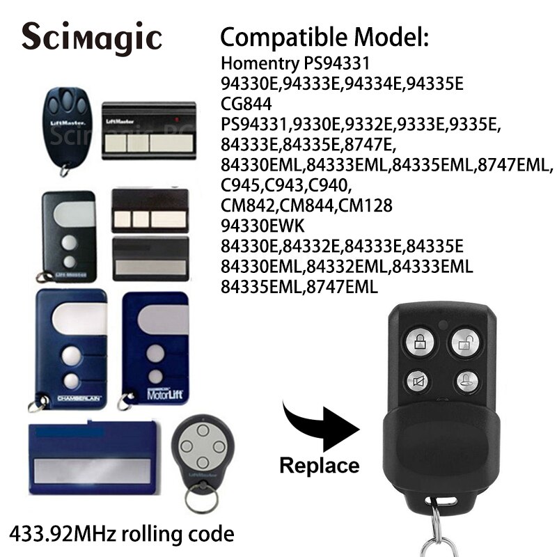 1 pièces Chamberlain Liftmaster Motorlift 94335E 84335EML 84330EML 84333EM remplacement télécommande porte 433.92mhz code roulant: SMG-053