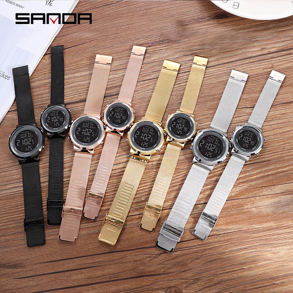 Sanda koppelhorloge led digitaal dames herenhorloge roestvrij staal mesh riem waterdichte liefhebbers horloges relogio masculino