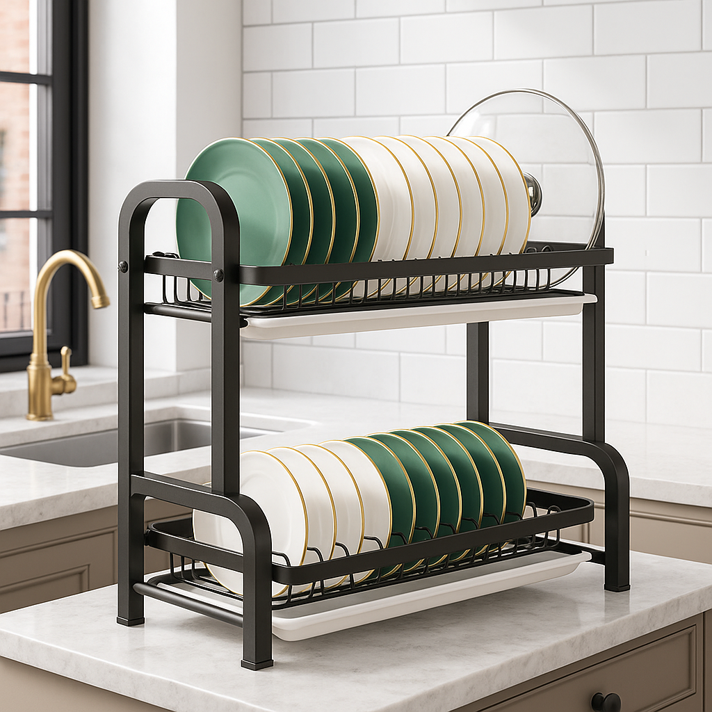 Estante de secado de platos de 2 niveles con soporte para utensilios, estantes ajustables, organizador de cocina que ahorra espacio, sistema de drenaje, gabinete de almacenamiento