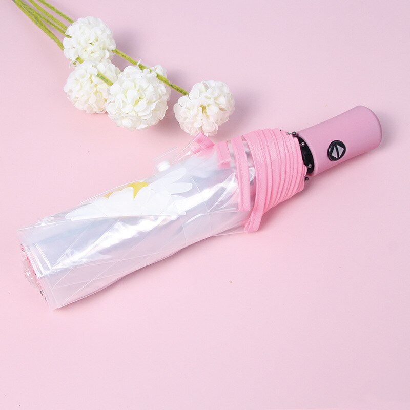 Ombrello automatico piccola margherita POE telone trasparente ombrello dea studente giapponese pieghevole ombrello fiore di ciliegio: pink daisy