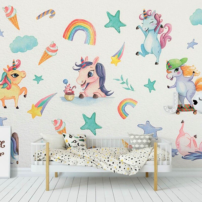 Girls Room Decor Cute Rainbow Unicorn Wall Stickers DIY Vinyl Home Wall Decals Kids Living Room Bedroom Cartoon Horse Wallpaper