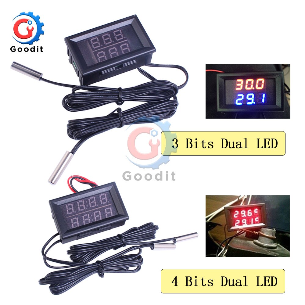Mini LED Dual Display Digital Thermometer DC 4V-28V 0.28 inch w/ Dual NTC Waterproof Metal Probe Temperature Sensor Tester for I