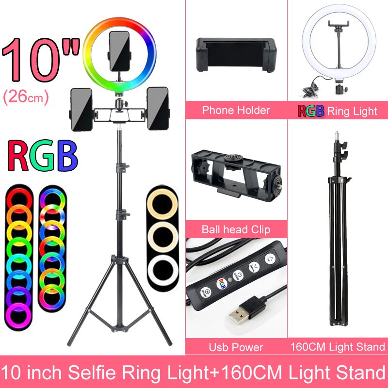 Fotografie Lamp Licht Ring Met Telefoon Houder Selfie Usb Plug Dimbare 6 8 10 12 14 Inch Beschikbaar In verschillende Maten: 10 RGB 160cm 2