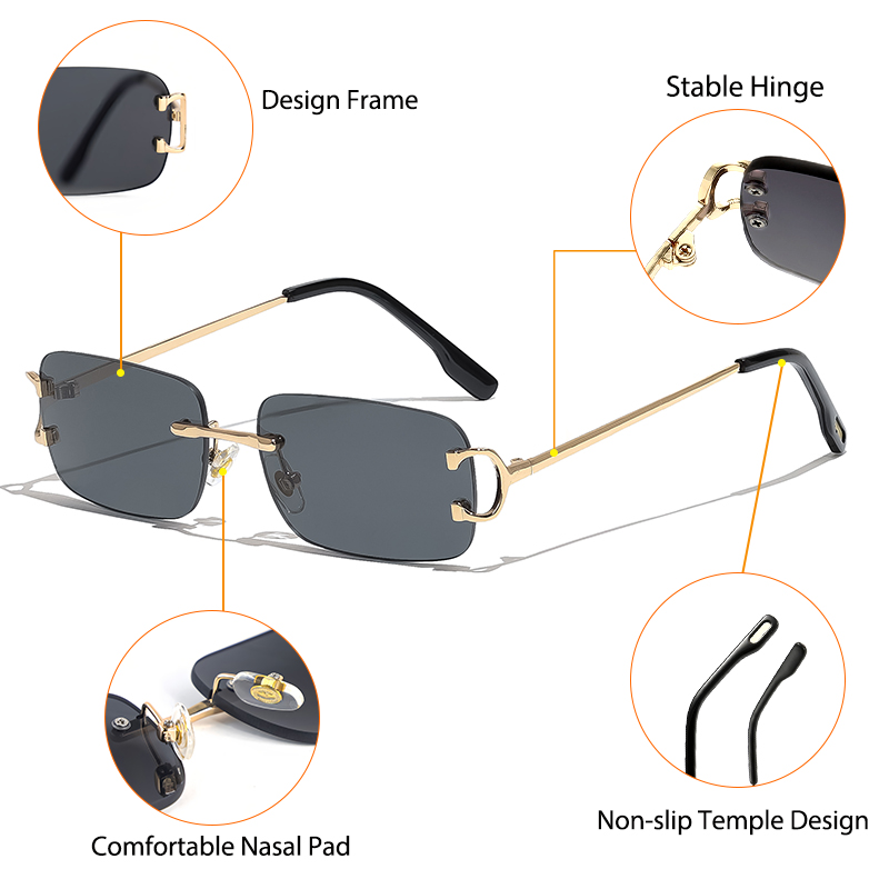 HBK rétro lunettes de soleil sans monture pour femmes hommes petit carré cadre doré thé nuances Rectangle UV400 Zonnebril lunettes