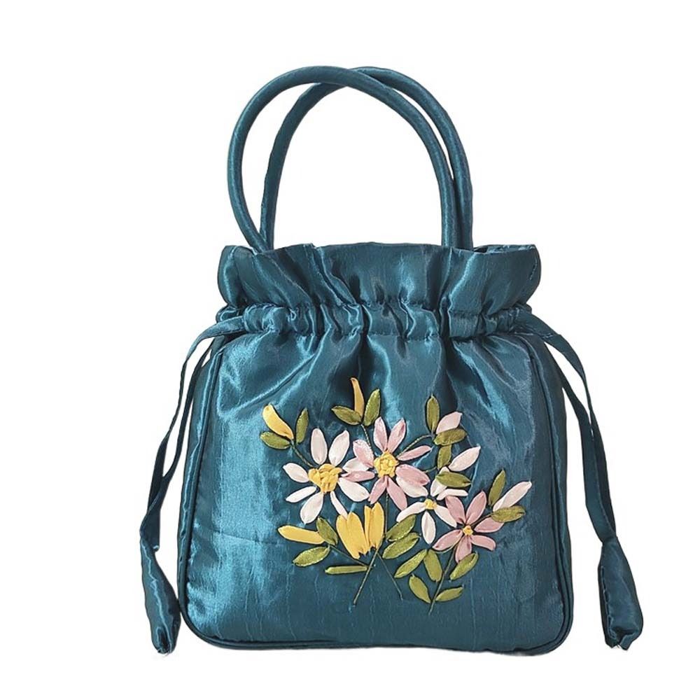 Bolso de mano con bordado de seda satinada para mujer, cartera pequeña con cordón Floral, Hanfu, Retro y