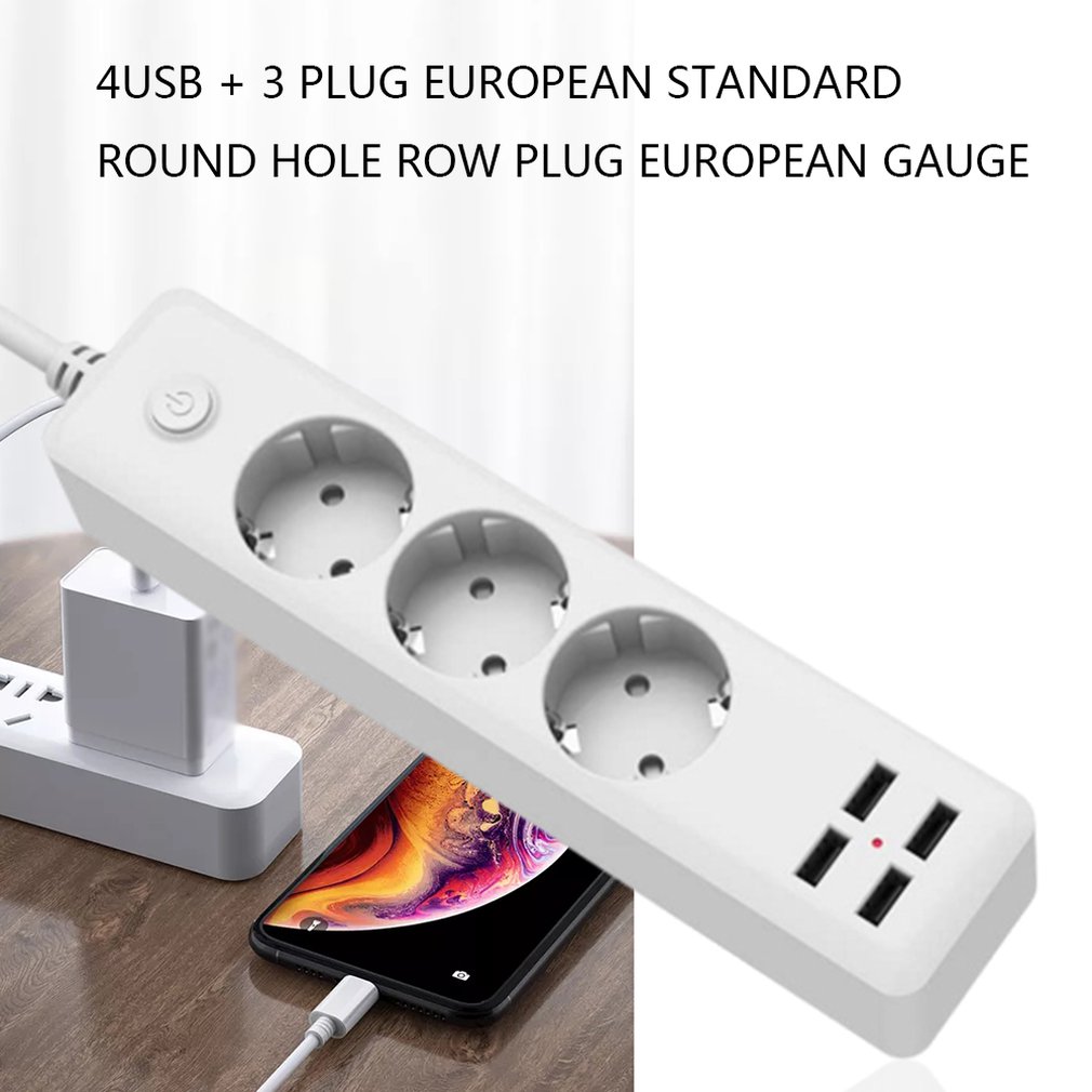 EU plug 4USB+3 Plug Extension Socket Extension Cord 1.8M Power Strip Protector Overload Protection Switched
