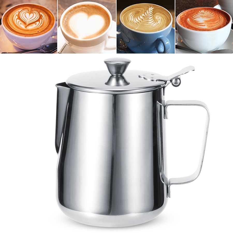 Mjölkkaffe burk rostfritt stål tjockna mjölkskummande kopp kanna kaffekanna latte art med lock för hemkaffe mjölkskummare