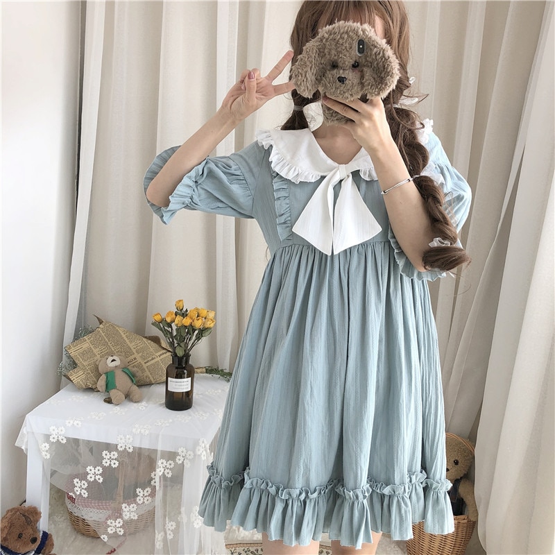 Été Lolita robe japonais Kawaii vêtements lanterne manches mignon bleu/vert Lolita vêtements thé robes de fête pour les femmes VO720