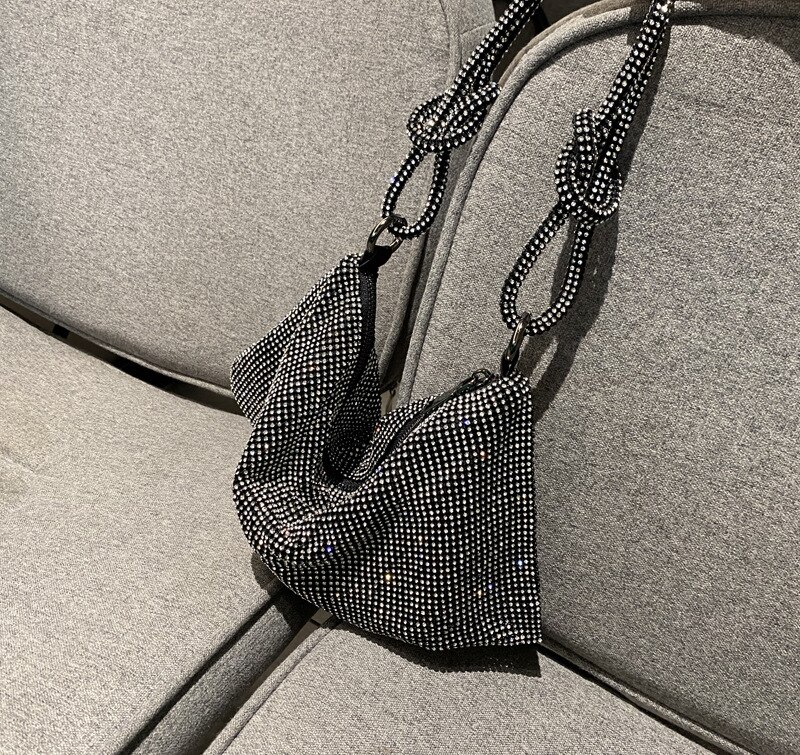 Trendy Volledige Zilveren Strass Onderarm Zak Zachte Inner Casual Fold Mode Schouder Knoop Handtas Partij Clutch: black with silver