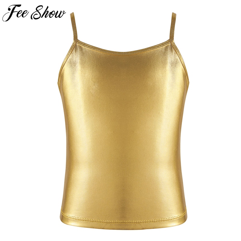 Grote Meisjes Spaghetti Schouderbandjes Glanzend Metallic Hemdje Tank Tops voor Ballet Dans Concurrentie Stage Performance Kleding