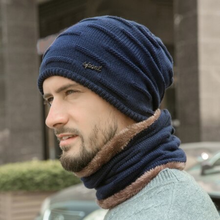 Ht2679 wintersets dikke warme wintermutsen voor heren winddicht fleece binnenin heren muts sjaalset heren gebreide mutsen winteraccessoire: Marineblauw