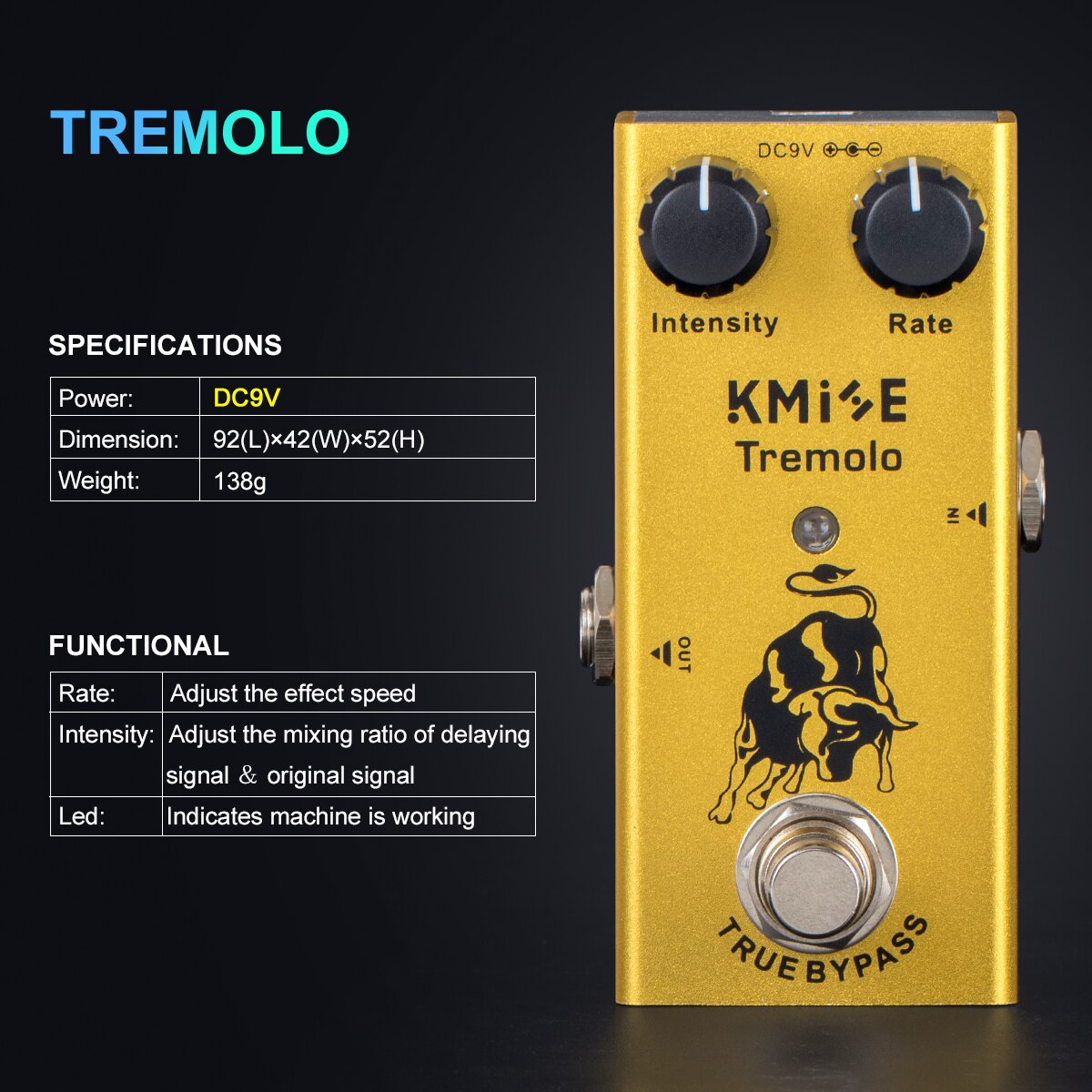 Kmise Guitar Effects Tremolo Pedal Mini Single DC 9V with Intensity Rate Control True Bypass
