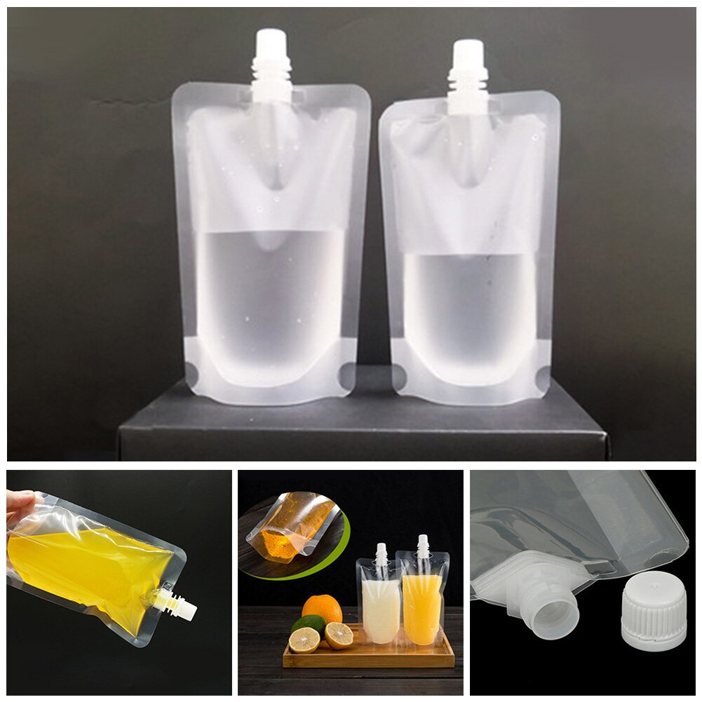 10pc Disposable Transparent Self-supporting Liquid Nozzle Bag Juice Beverage Bag Disposable Handle Packing Ziplock Pouch