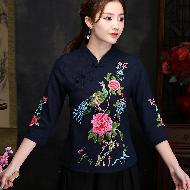 Lange Hemd Weiblichen Bestickte Bluse Tunika Kimono Strickjacke orientalisch Chinesischen Stil Shirt Sommer Spitzen für Frauen