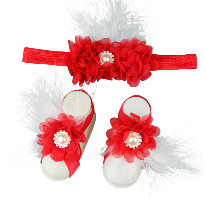 Baby Girls Flower Sandal Headband Elastic Hairband & Toddler Barefoot Sandals Cute 1 Pair Infant Photo Prop Set: A8