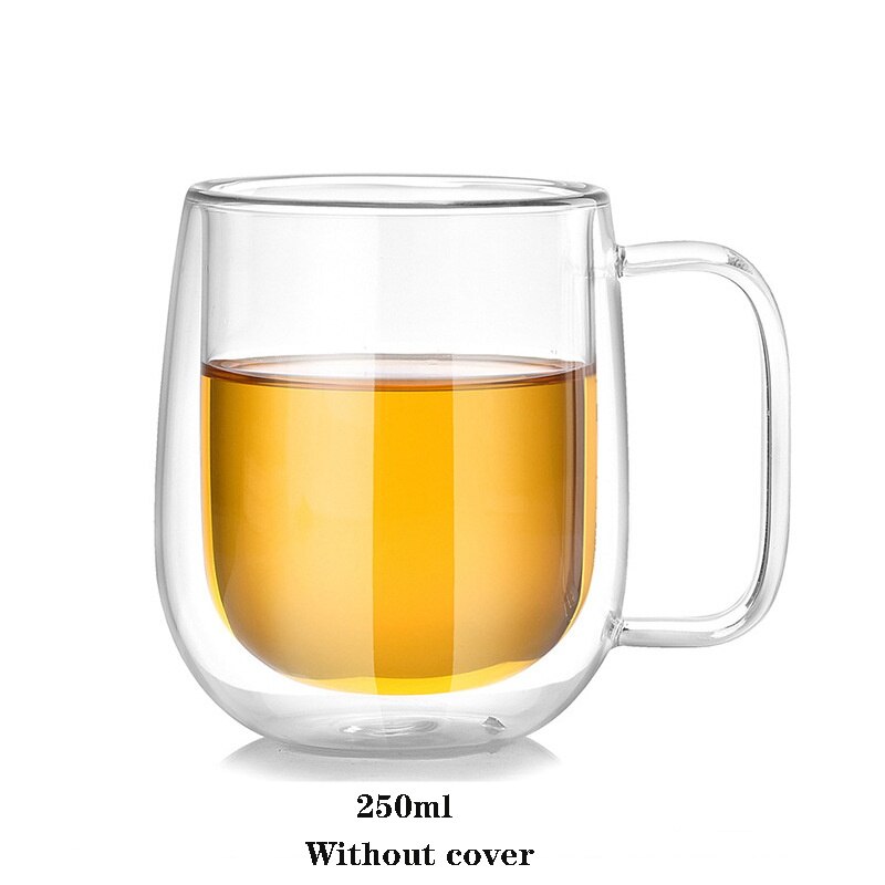Double glass transparent coffee cup,Heat-resistant glass cup with lid，Dessert glassBeer mug office mug simple stylefree: 1
