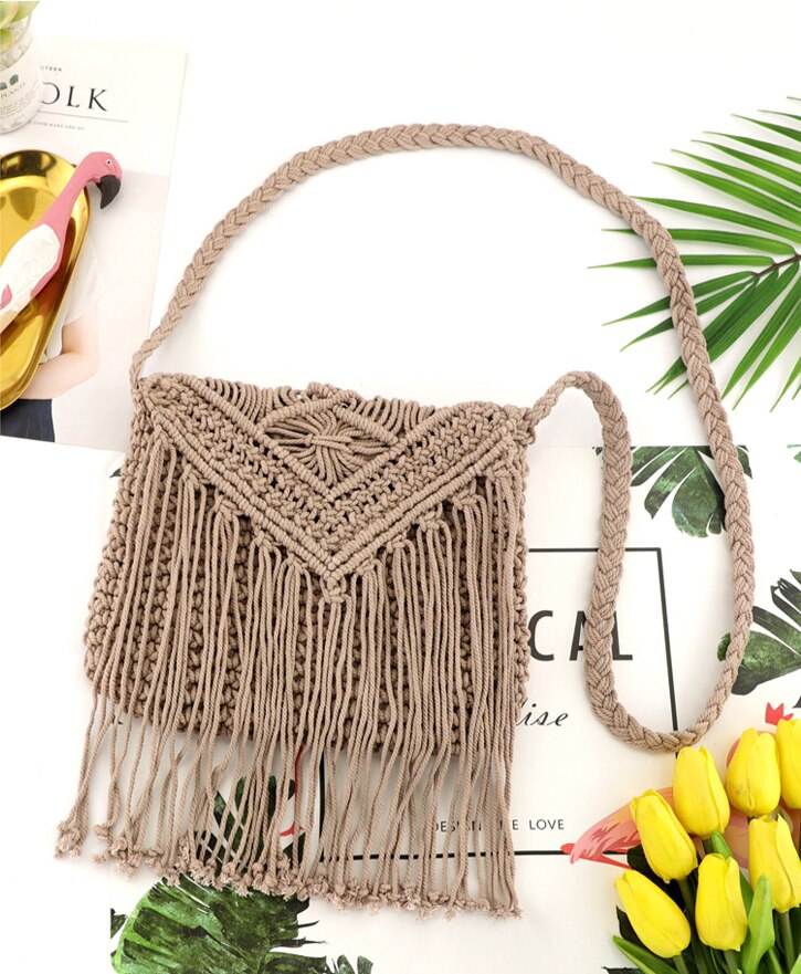 Sac de paille à pompon creux, sac de plage à rabat tissé à la main, sac à bandoulière en corde de coton: GRAY