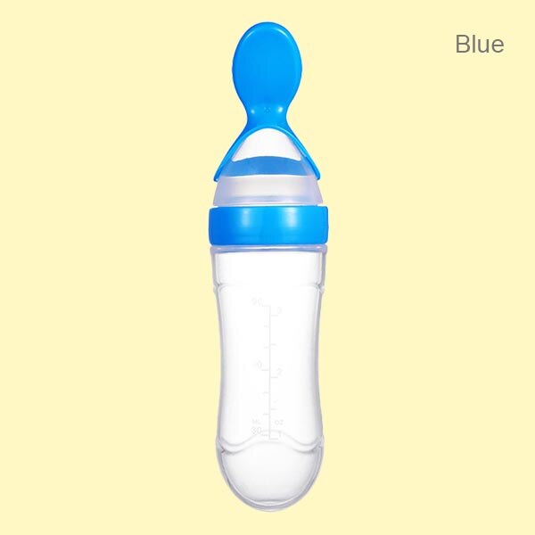 Beeshum 90ml Baby Squeezing Feeding Spoon Safety Silicone Training Baby Bottle Spoon Infant Cereal Food feed Spoon baby gadgets: blue round bottom