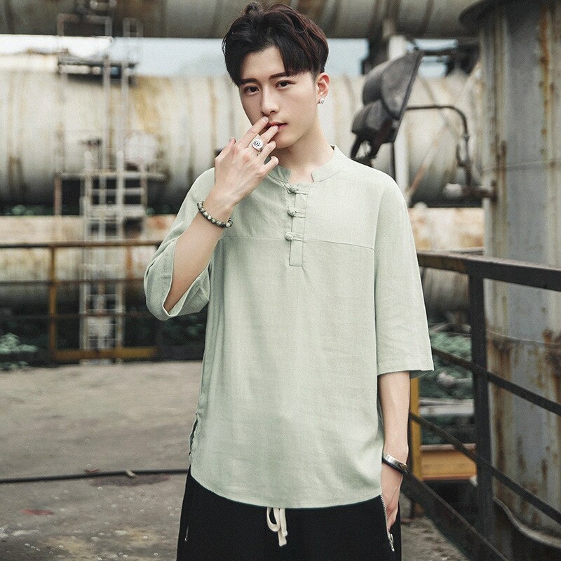 Sommer kortermet lin t-skjorte menn kinesisk stil knapp pluss størrelse løs bluse mannlig tradisjonell hanfu kung fu t-skjorter antrekk