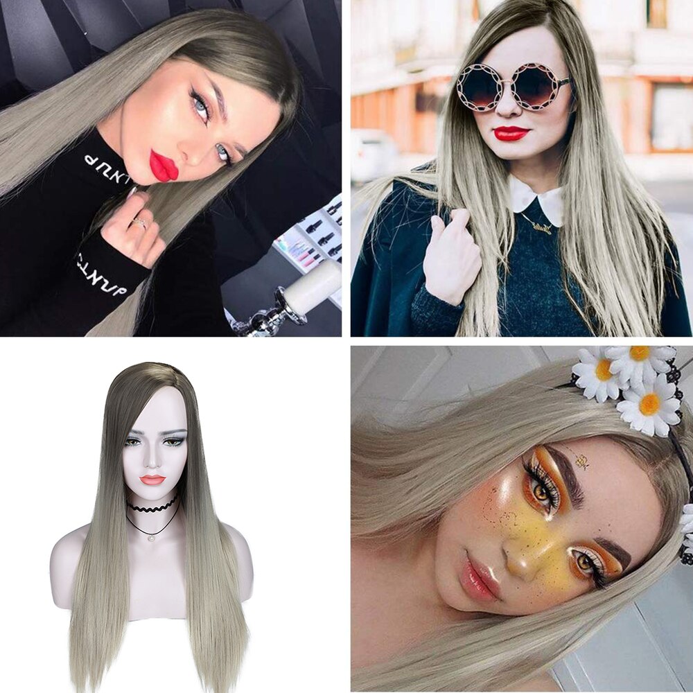 Favorit syntetisk peruk rak lin silver 20 tum med sidodel bang gradient färg hårände naturlig storlek justera för svarta kvinnor: Ask brun