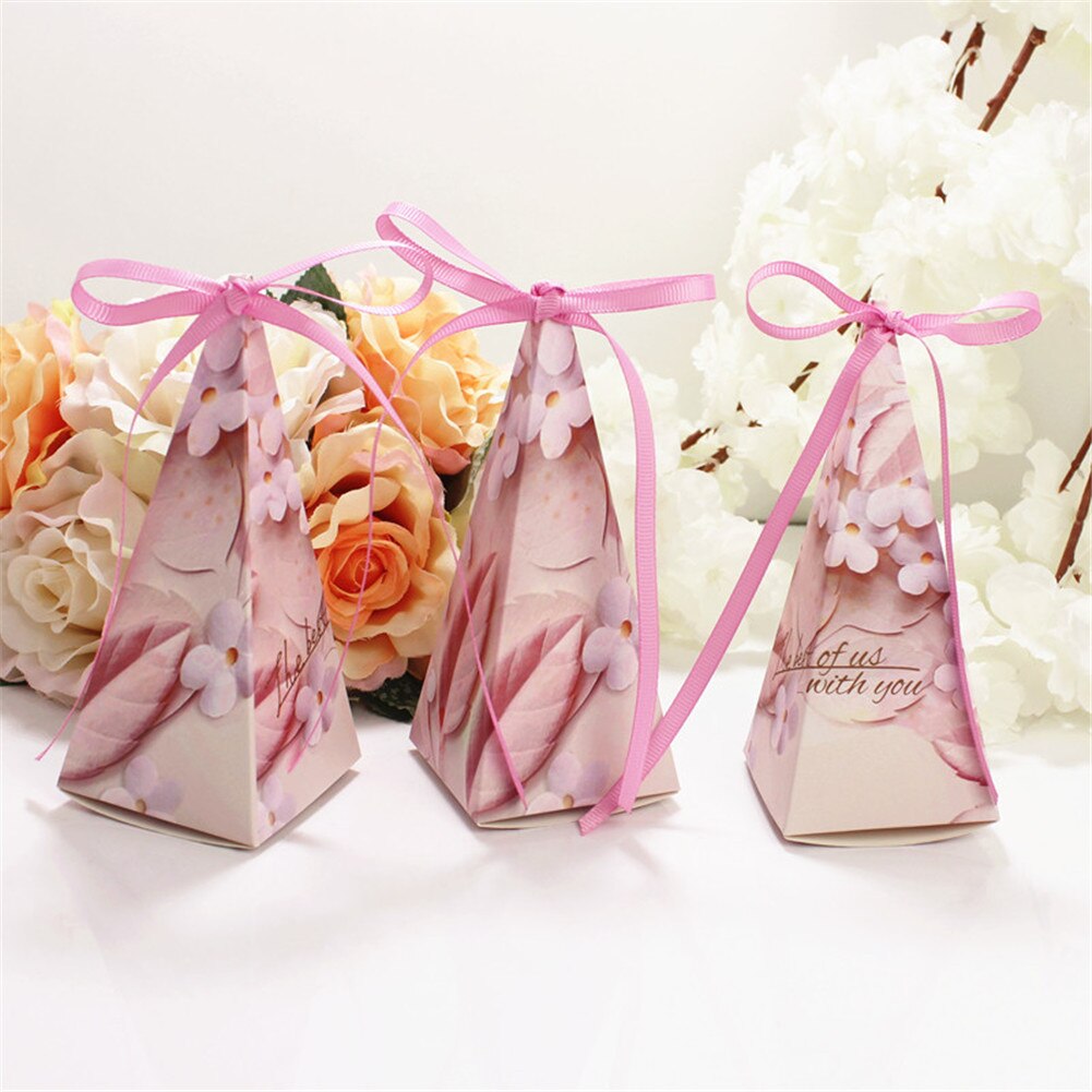 50Pcs Pyramid Shape Candy Boxes with Ribbon Wedding Birthday Party Favor DC120