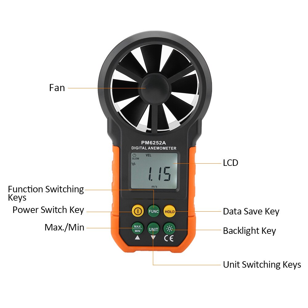 PM6252A Portable Handheld Anemometer Wind Speed Meter CFM Meter Wind Gauges Air Flow Thermometer With LCD Backlight