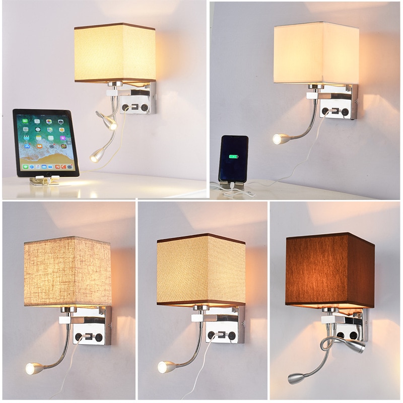 Moderne Doek Wandlamp Creatieve Slaapkamer Led Bedlampje Eenvoudige Opgeladen Wandlamp met USB Interface Hotel Linnen Wandlamp
