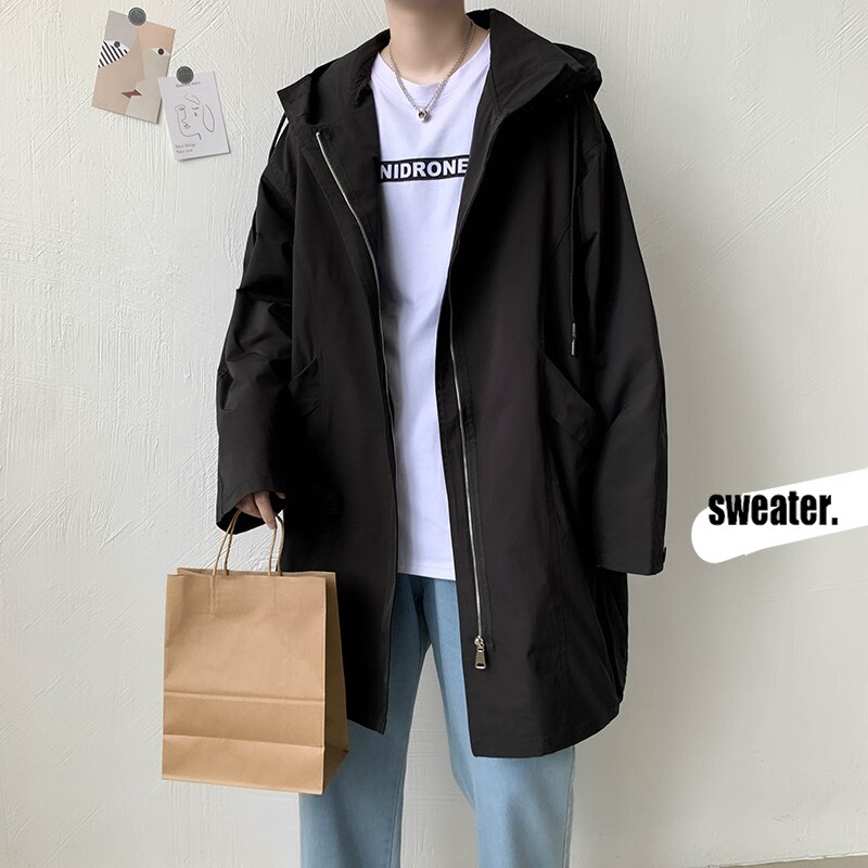 Mężczyźni wykop jednolity, na zamek płaszcze styl japoński luźne średnie długie Hipster nastolatków odzież z kapturem Ulzzang Streetwear studenci Harajuku